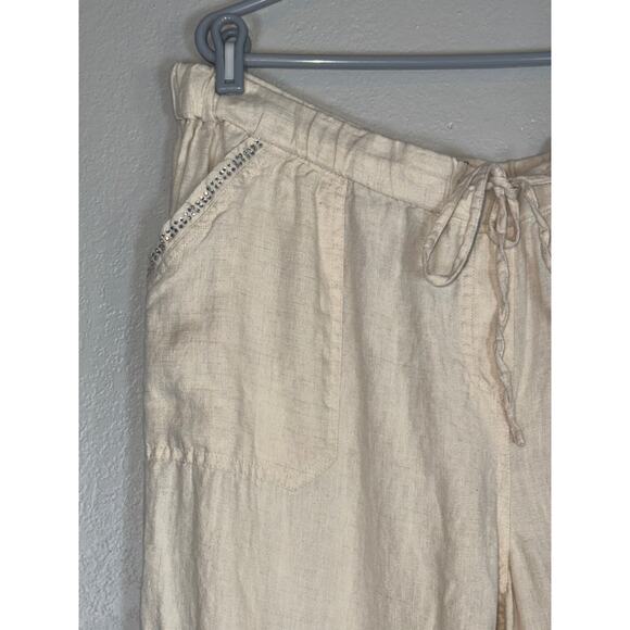 Y2K Wide Leg 100% Linen Pants Women XL Embellished Rhinestones Cream Beige - Picture 2 of 5